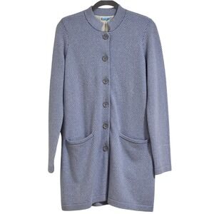 J Laughlin Cashmere Herringbone Knit Coat Women's Medium Blue Button Front READ